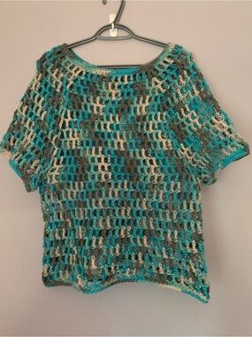 Handmade Open-Weave Crochet Top in Teal, Gray & Cream